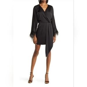 Charles Henry Black Asymmetrical Wrap Ostrich Feather Bell Sleeve Tunic Dress M